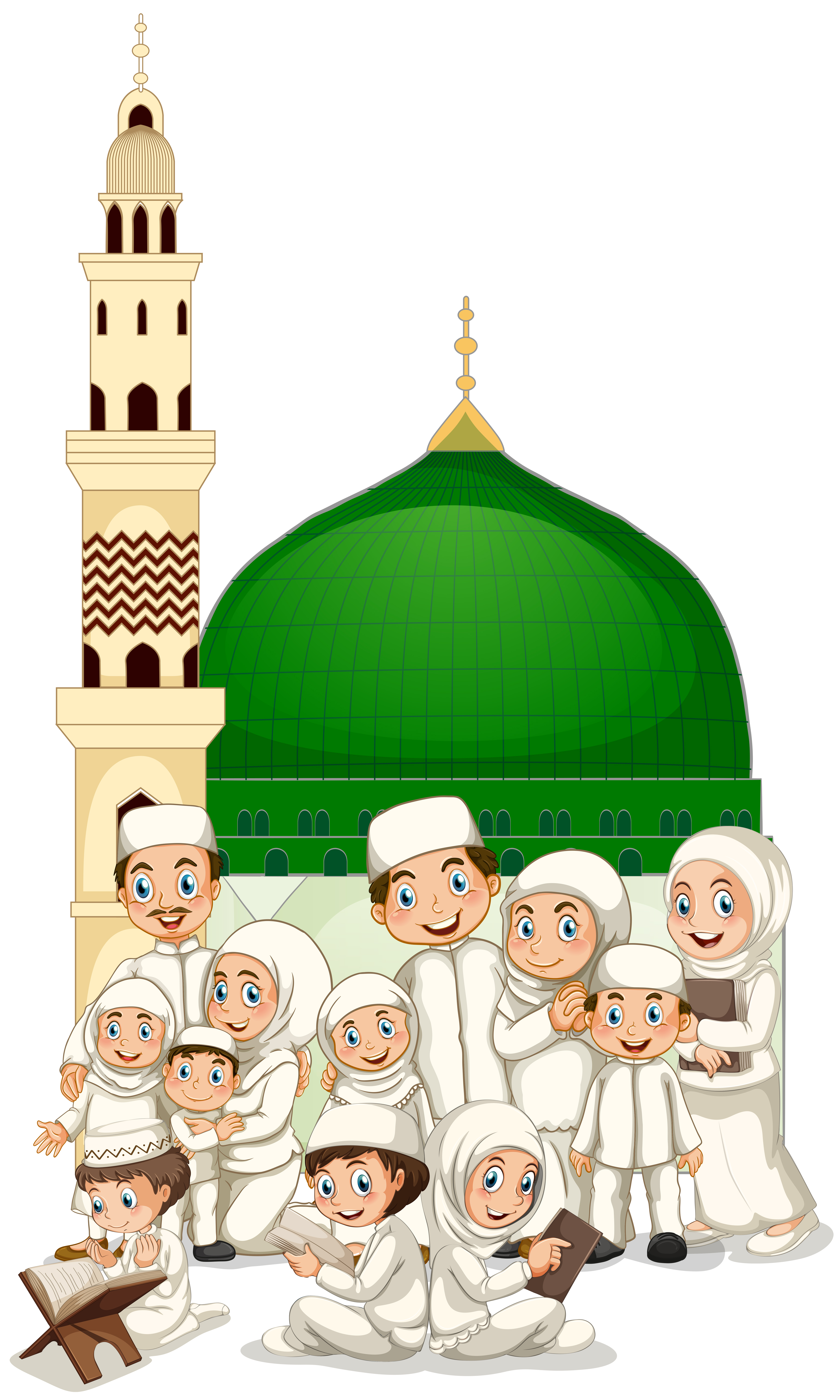 Islamic education for kids – A group of Muslim children learning about the life of Prophet Muhammad (PBUH) in front of Masjid-e-Nabawi. Explore Islamic studies online with Al Quran Online Academy.