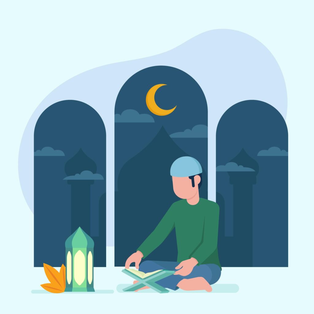Hadith with Translation – A Muslim man reading the Holy Quran at night under the crescent moon. Learn Hadith with translation at Al Quran Online Academy