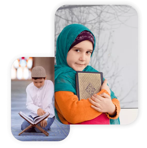 Online Quran classes for kids – A young girl holding the Holy Quran with love and a boy reciting Quran in a mosque. Learn Quran online with expert tutors.