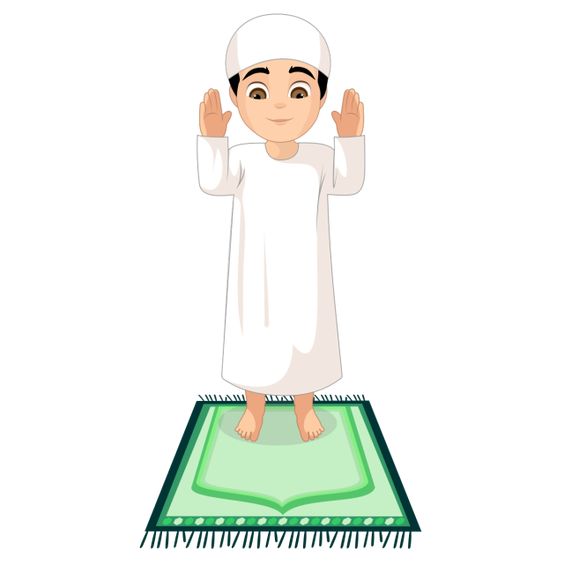 Prayer (Salah) – A young Muslim boy standing in prayer position on a prayer mat, wearing traditional white Islamic attire. Learn how to perform Salah at Al Quran Online Academy.